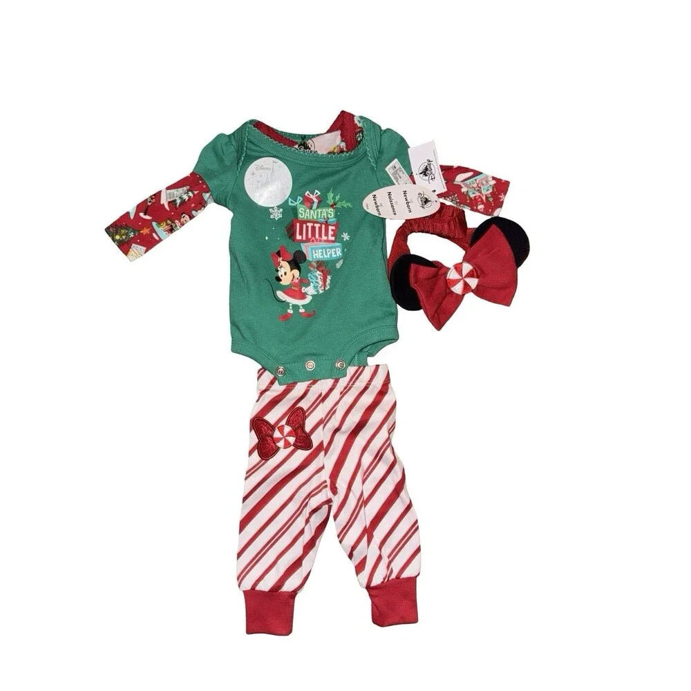 Disney Parks Christmas Baby Outfit Set Minnie Mouse Bow Bodysuit Pants 3 Months